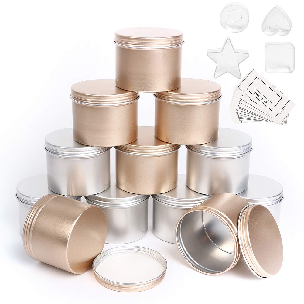 HOTOOLME Candle Jars Empty Containers Metal Tin Round Aluminium for Wax Melt Making Kit DIY Storage 12 Pack with 4 Plastic Candle Making Cup