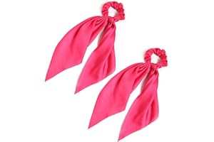LFOUVRE Pack of 2 Knotted Bow Hair Scrunchies Elastic Hair Scarf Black Hair Ties Bands Satin Hair Ribbon Scrunchy Red Ponytail Holder for Women and Girls (Hot pink)