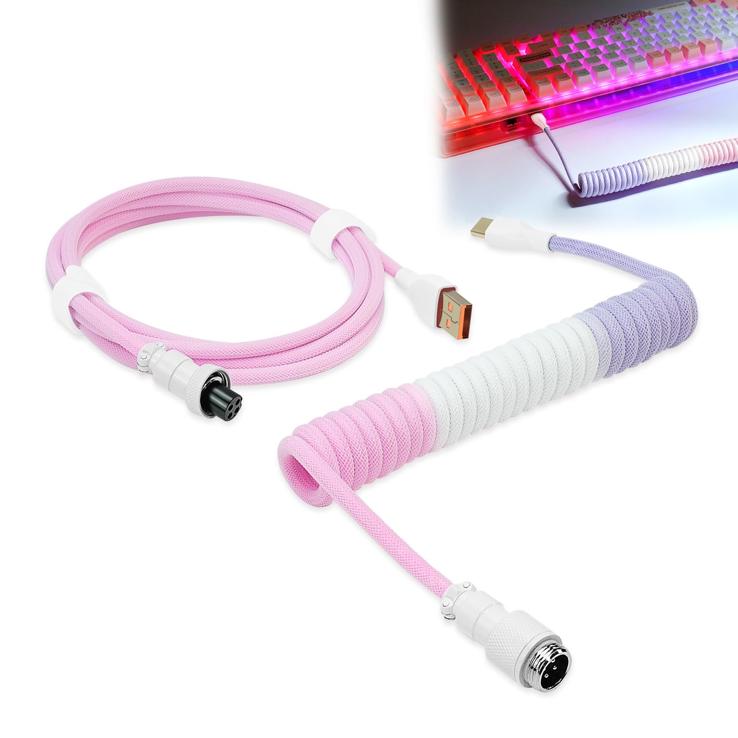 UCINNOVATE Coiled Keyboard Cable, Pro Custom Coiled USB C Cable for Gaming Keyboard, Double-Sleeved Mechanical Keyboard Cable with Detachable Metal Aviator, 1.8M USB-C to USB-A (Pink & White &Purple)