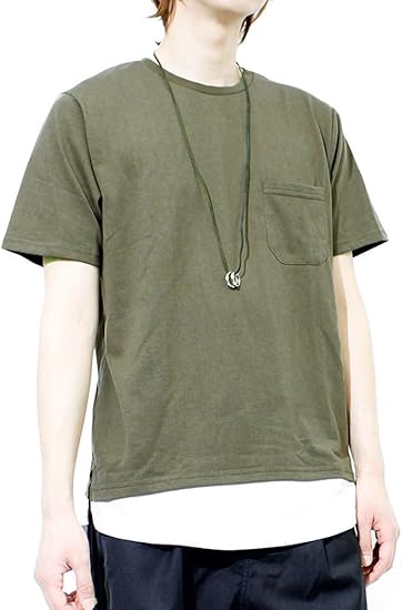 Amazon Tシャツ メンズ 半袖 プリント 無地 ポケット ネックレス付き フェイクレイヤード クルーネック カットソー Ll カーキ Tシャツ カットソー 通販