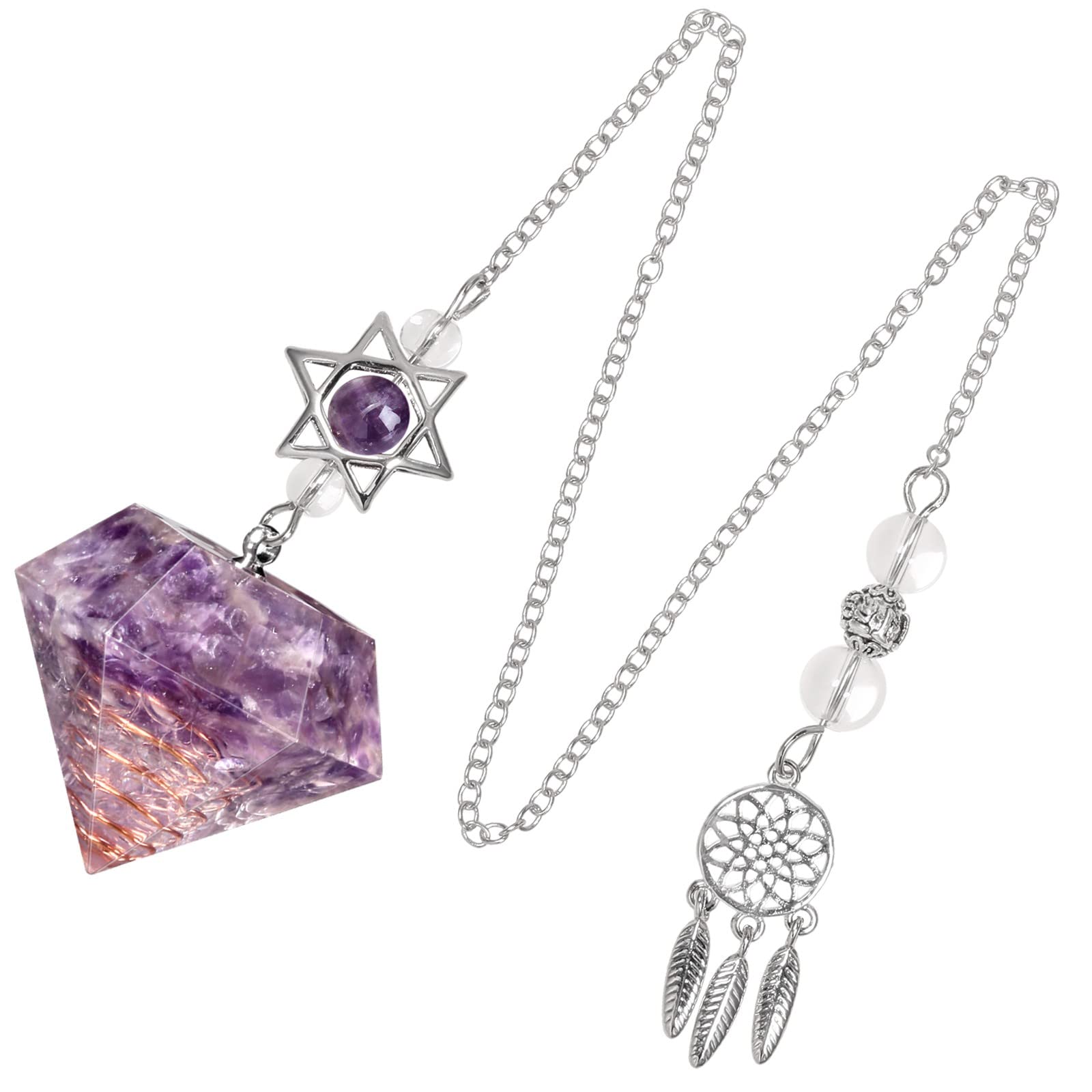 KYEYGWO Healing Crystal Point Pendulum with Dream Catcher and Star of David Necklace, Resin Pendulum Hexagon Crystal Stone Pendant, Amethyst
