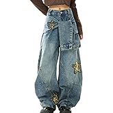 kakarin choyx Vintage Gothic Casual High Waisted Denim Pants Y2K Leopard Print Star Patchwork Faux Two-Piece Jeans