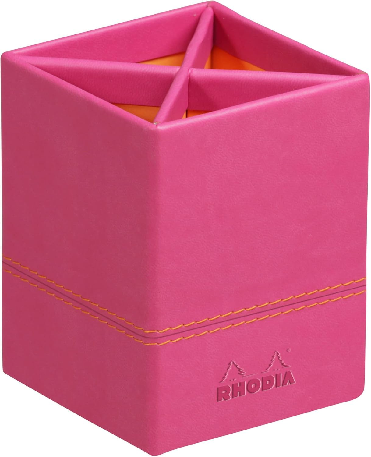 RHODIA 318912C - Raspberry Pencil Pot - 8x8x11 cm - Orange Saddle Stitching - Faux Leather Exterior - Rhodiarama Home Office Collection - Office Organization & Designer Storage