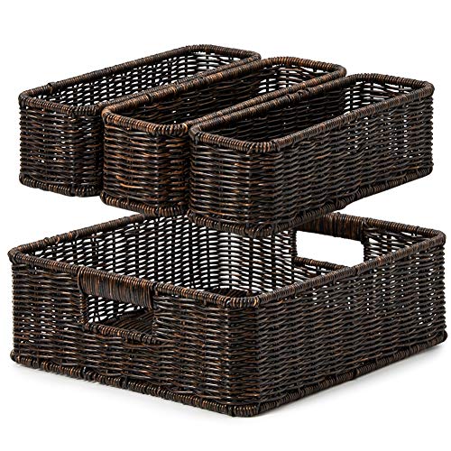 EZOWare Set of 4 Decorative Woven Storage Tray Bins, Resin Wicker Tray