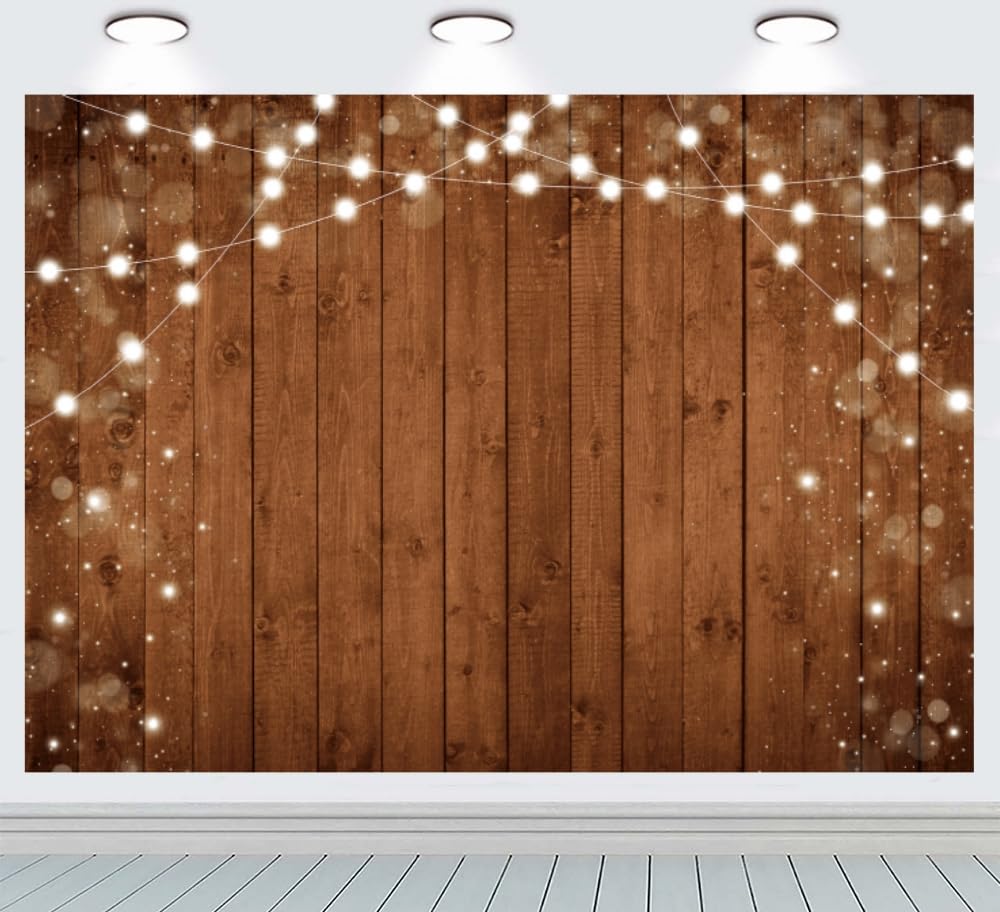 INRUI Wood Backdrop Rustic Wood Wall Photography Backdrop Retro Brown Wooden Board with Light String Photo Banner Wood Wall Studio Decoration (2.4x1.8m)