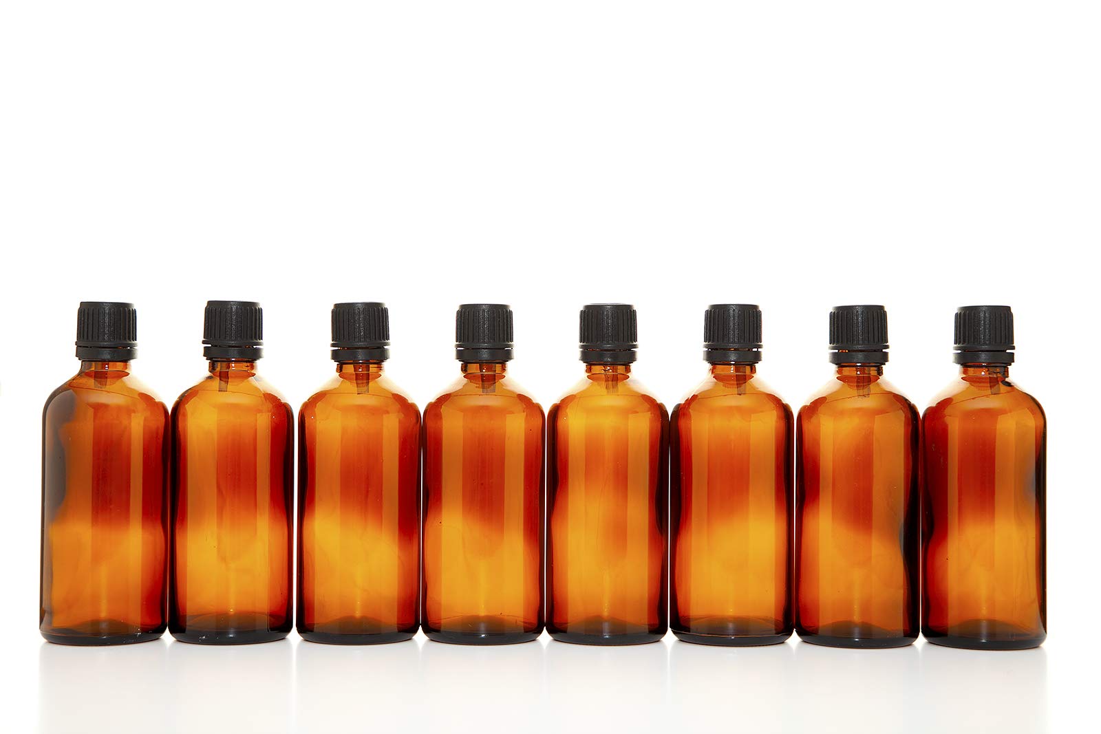Aura 100ml AMBER Glass Bottles with Black Tamper Evident Caps & Droppers - PACK of 8