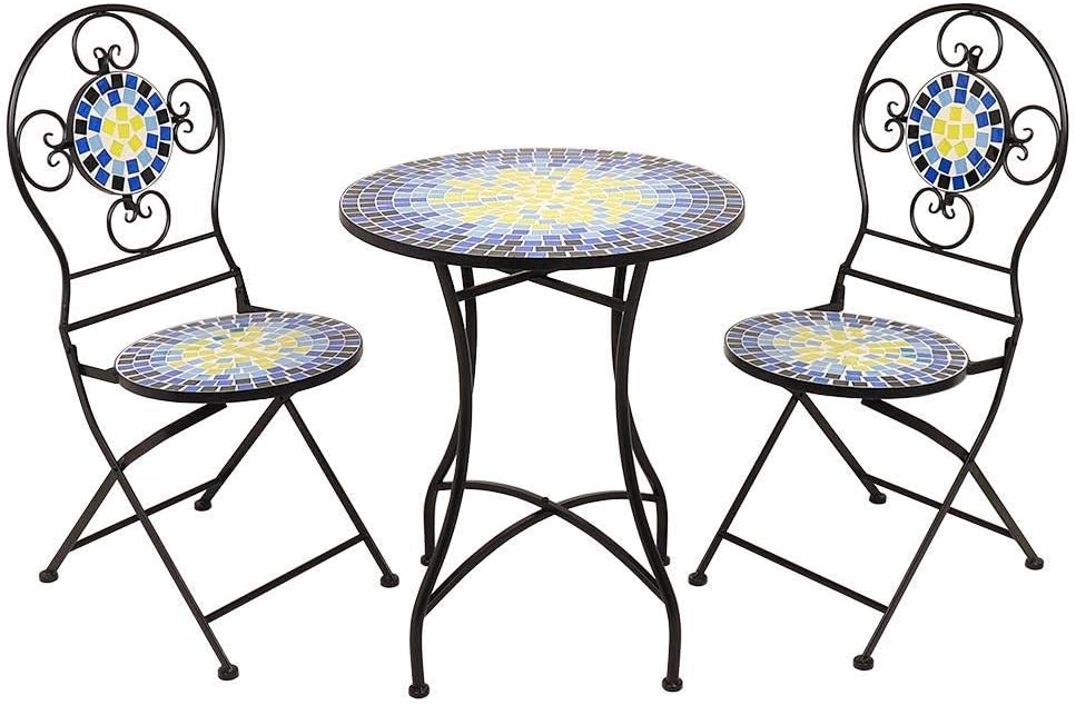 Super Saturday Wido 3 Piece Blue Mosaic Bistro Patio Garden Set Outdoor
