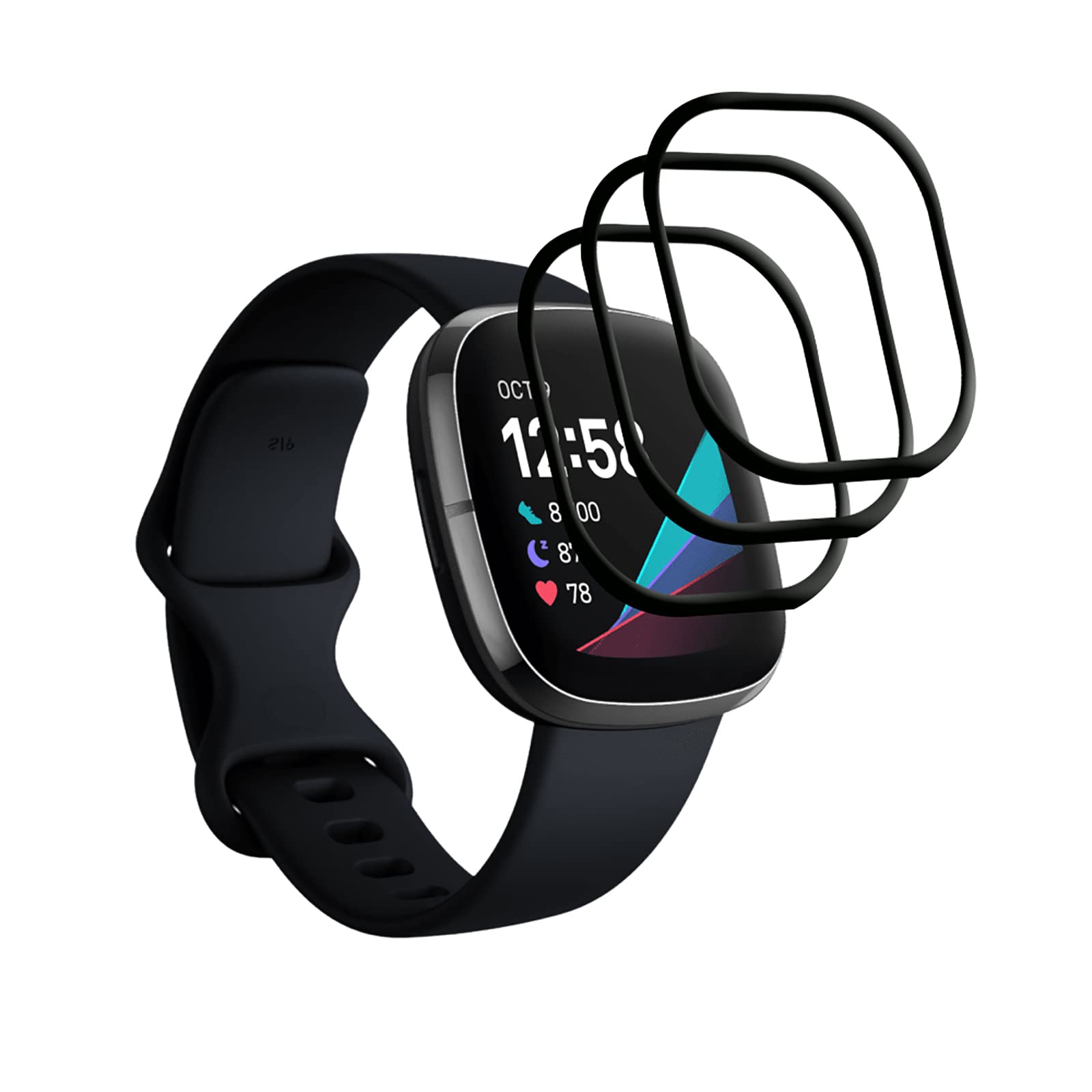 GMUJIAO 3 Pack Screen Protector for Fitbit Sense,3D Curved Edge Anti-Scratch Bubble Free HD Ultra Shatterproof Flexible Protector Film [Anti-Scratch]-Black