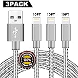 BULESK Lightning Cable 3Pack 10FT Nylon Braided Certified Lightning to USB iPhone Charger Cord for iPhone X 8 7 Plus 6S 6 SE 5S 5C 5, iPad 2 3 4 Mini Air Pro, iPod Nano 7 Grey