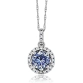 Gem Stone King 14K White Gold Pendant with Chain Round Persian Blue Moissanite and Diamond White (0.97 Cttw)