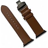 Everwood Brown Leather Apple Watch Band - Black Stainless Steel Butterfly Clasp - Compatible with Apple Watch 42mm 44mm 45mm 49mm Ultra- Handmade Strap for Series 1-9 & SE
