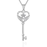 VANLAMS S925 Sterling Silver Angel Wings Necklace for Women, Love Heart Pendant with Butterfly Key - Birthday Gifts