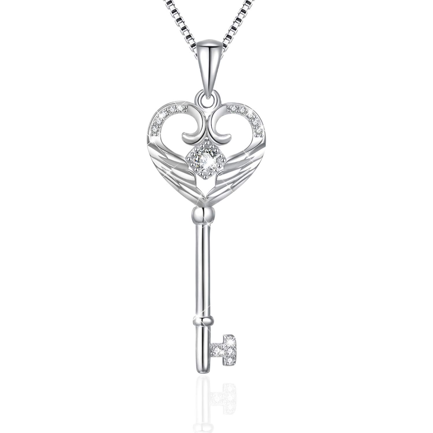VANLAMS Key Necklace for Women, S925 Sterling Silver Angel Wings Key for Love Heart Pendant Necklace Birthday Gifts, Crystal