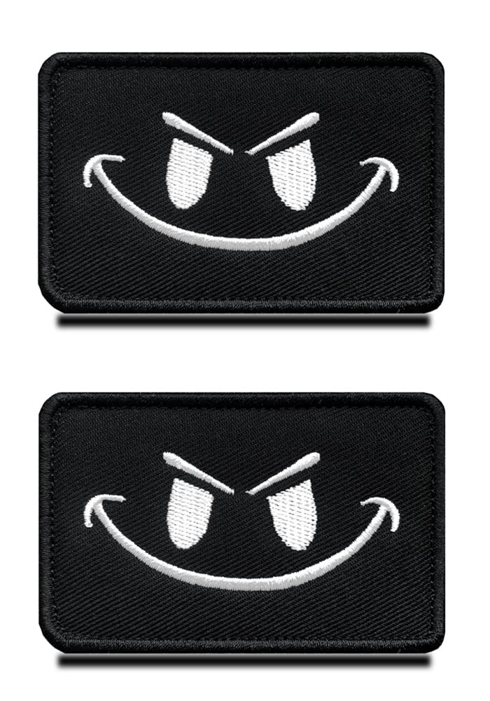 2 Pack Funny Evil Smiling Smile Happy Face DIY Hook and Loop Embroidered Tactical Patch for Team Work Clothes Jersey Backpack Caps Travel Tactical Military