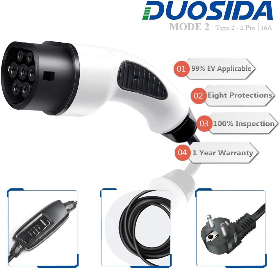 DUOSIDA Portable EV Charger Type 2 Schuko 2 pin(16A) Electric Vehicle Charging Cable(5m)
