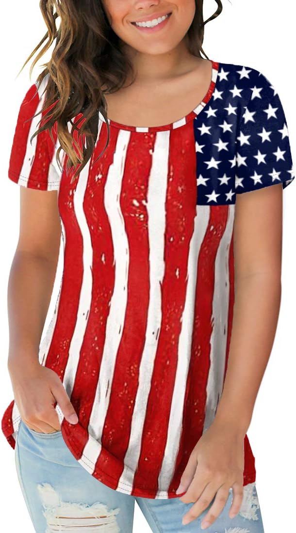 American Flag Shirt Women Short Sleeve Tops Scoop Neck Casual