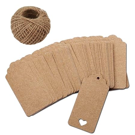 Febbya Targhette Per Regali Etichette Di Carta Kraft 100 Pcs Con 10 Metri Di Filato Di Iuta Per Cartoncino Per