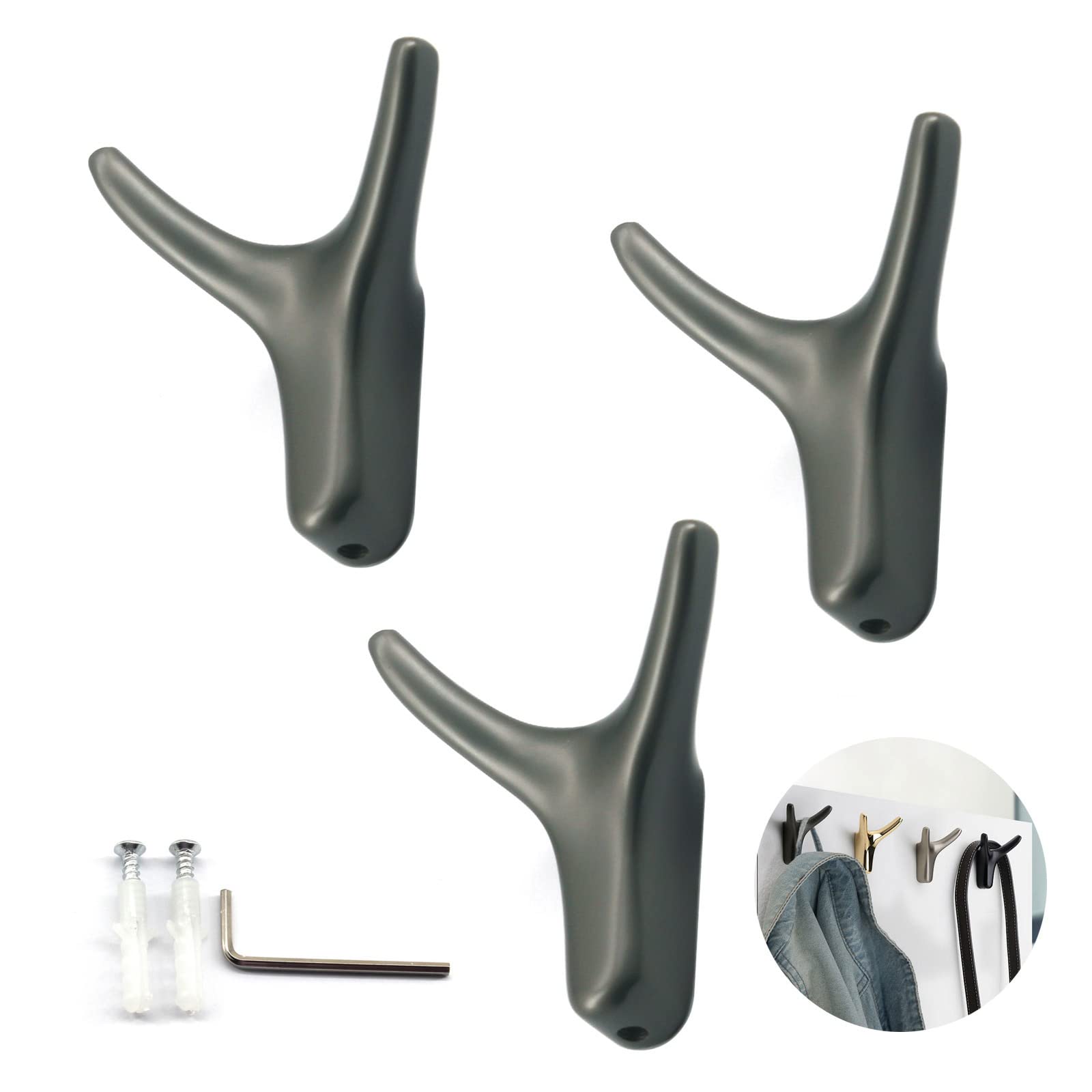 Zerniple Double Prong Robe Hooks Coat Hooks Wall Mounted Zinc Alloy Cloth Hanger with Screws and Hex Wrench (3 Pieces)