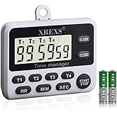 XREXS 4 Channel Digital Kitchen Timer Clock with Large LCD Display | 4 Groups Simultaneous Timing Countdown Up Pocket Timer, Magnetic Attachable (Battery Included)