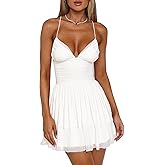 Mokoru Women's Sexy Sleeveless Spaghetti Strap Mini Dress Ruched Ruffle Hem V Neck Short Party Dresses