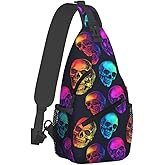 Mqtzyiwx Colorful Neon Skull Sling Backpack Hiking Backpack Crossbody Bag Sports Lightweight And Durable Chest Bag Shoulder Bag For Women Men
