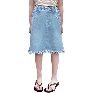 Girls Denim Skirt Elastic Waist Frayed Hem Casual Jean Skirts A-Line Knee | Length Casual Mid Jean Skirts with Pockets