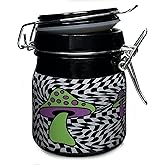 Myriads Airtight Glass Storage Jar, Black with Checkered Pattern, Green Purple Mushroom Design, 3.5x2.5 Inches, Hermetic Seal Container