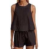 Ythomm Womens Two Piece Lounge Sets Round Neck Peplum Tops High Waist Linen Shorts Summer Matching Sets Beach Travel Outfits