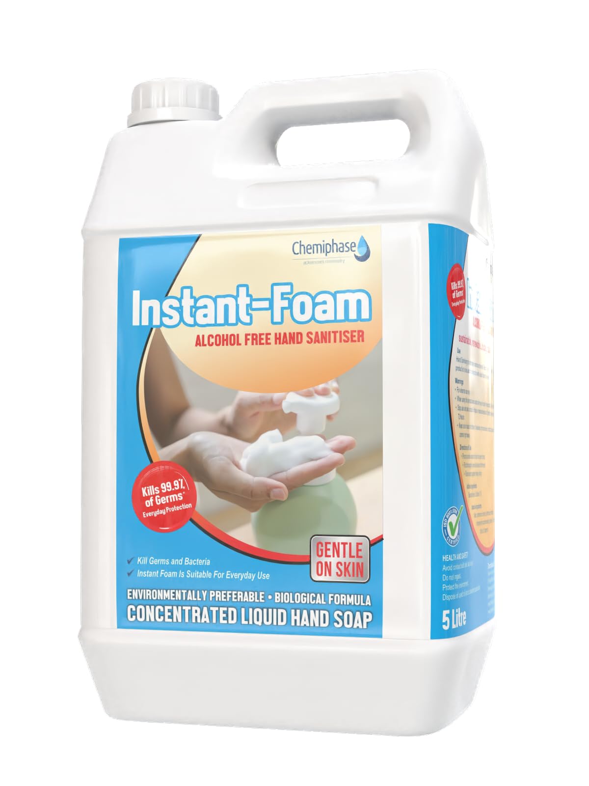 Instant Foam Alcohol-Free Hand Sanitiser – Kills 99.99% of Germs, Gentle on Skin – Everyday Protection, Quick Drying, and Non-Sticky Formula 5 Litres