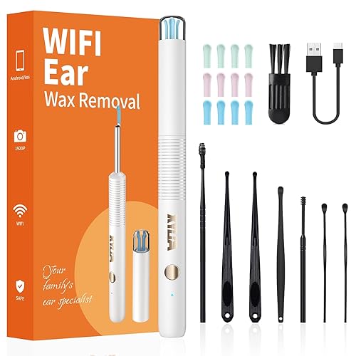 Xylla Ear Wax Removal Kit with 1920P HD Camera Wireless Otoscope Earwax Cleaner with 12 PCS Ear Spoons & 6 LED Lights Earwax Remover Tool Portable Type-C Rechargeable for iPhone iPad Android (White)