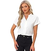 Allegra K Work Dressy Casual Blouse for Women's V Neck Curved Hem Short Sleeve Chiffon Top