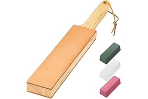 ANGERSTONE Double Side Leather Strop for Knife Sharpening - 14"x 2" Stropping Block Kit with Polishing Compound, Knife Strop with Ergonomic Handle for Honing Knives, Woodworking Chisels