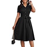 FANDEE Womens Casual Midi Dresses Solid V Neck Short Sleeve Button Shirt Belted Dress with Pockets for Spring Summer 2026