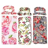 3 Pack Receiving Blanket with Headbands BQUBO Newborn Baby Floral PrintedBaby Shower Swaddle Gift