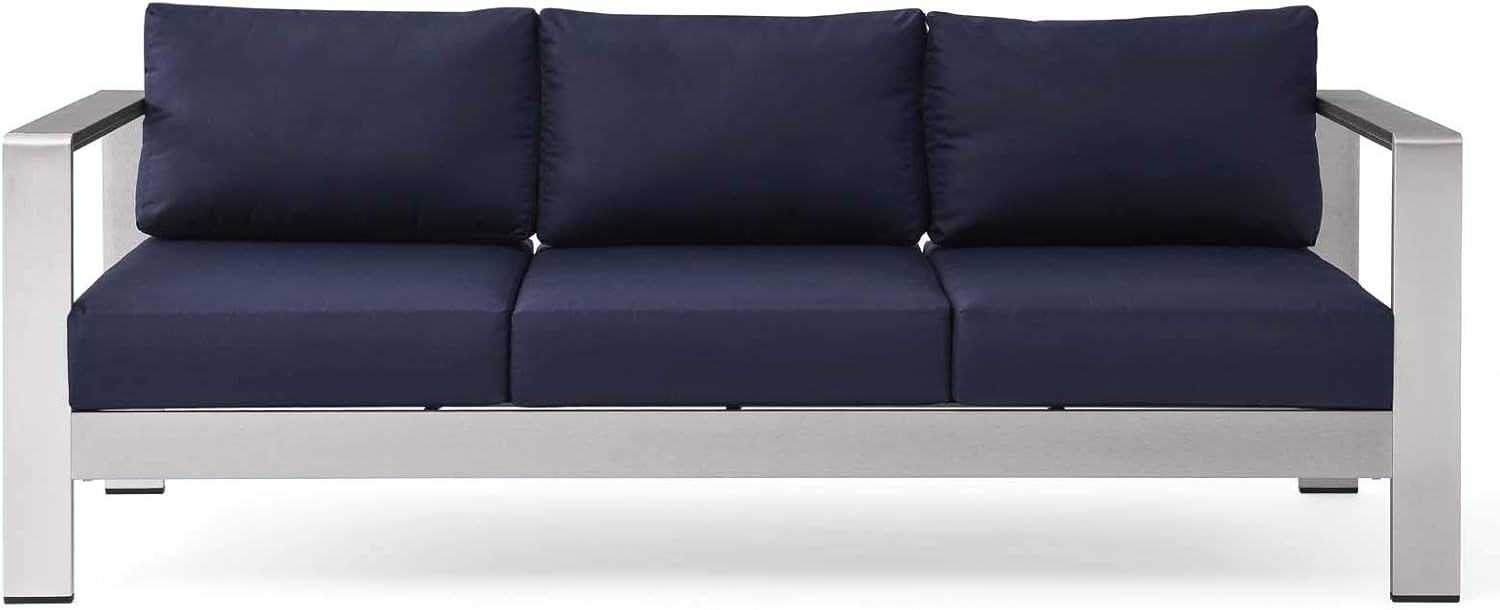 Modway Shore Aluminum Metal Outdoor Patio Sofa With Silver Navy All-Weather Cushions : Garden & Outdoor