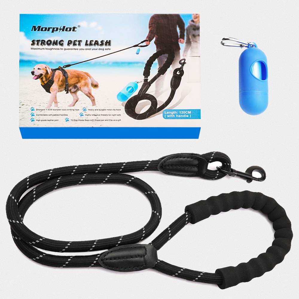 Keenstone Heavy Duty Dog Leash, 4 FT Long Nylon Tape Dog Walking Leash with Comfortable Padded Handle and Highly Reflective Threads for Medium and Large Dogs, Dog Waste Dispenser and Bags Included