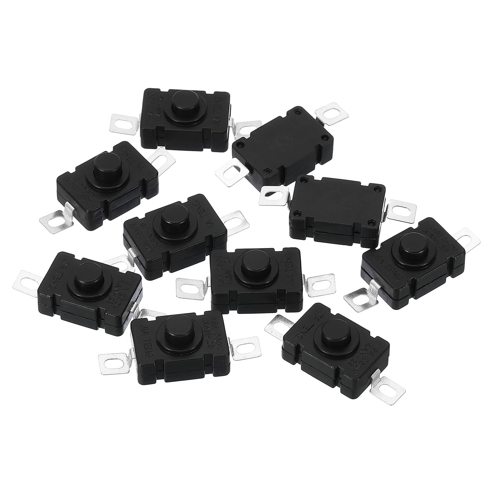 PATIKIL Latching Push Button Switch, 10 Pcs KAN-28 Flat Pin with Hole On/Off Self-lock AC 250V 1.5A Micro Switch for Flashlight Light Wall Outlet, Black