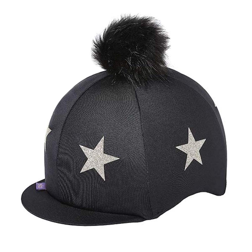 Elico Twinkle Star Fantasia Riding Hat/Skull Cap Cover. Black, Silver Stars and Pom Pom