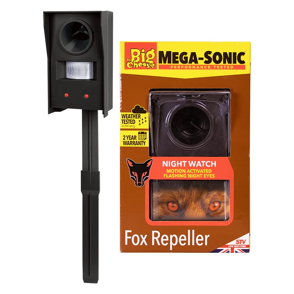 The Big Cheese Mega-Sonic Fox Repeller, Powerful, Dual-Action Fox and Wildlife Deterrent with PIR Activation for Protection of Gardens Areas. Weatherproof Design for Year-Round Use