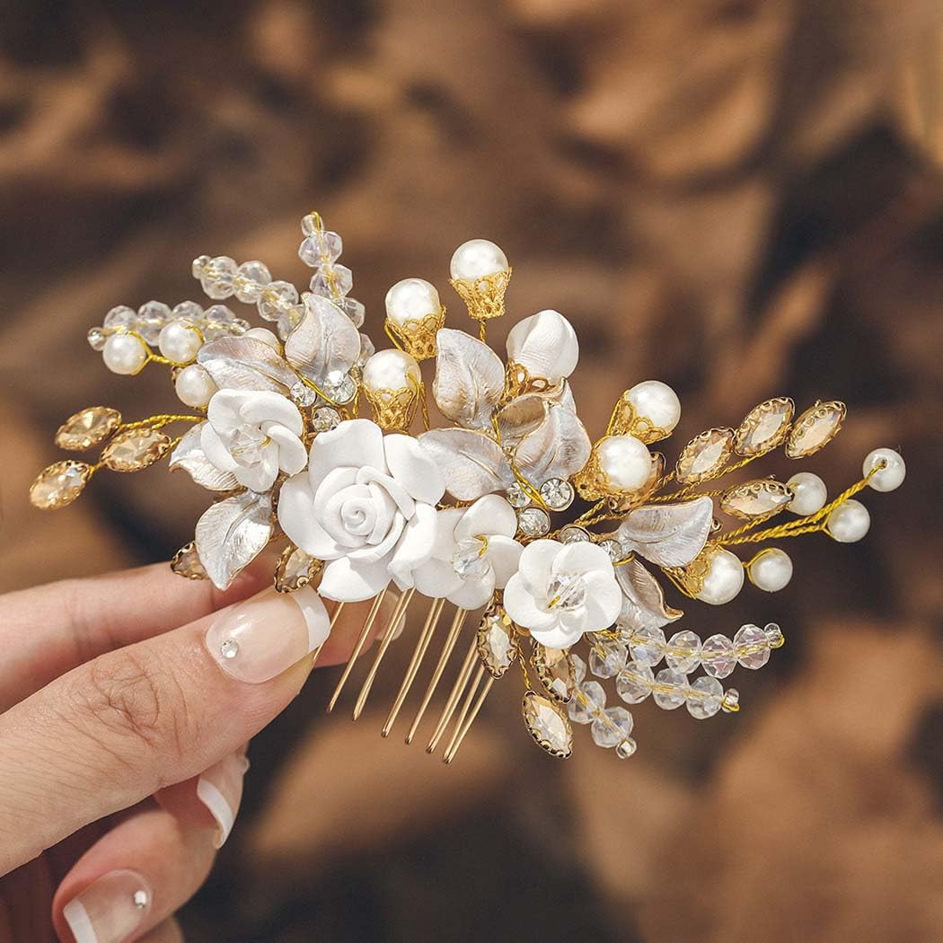 IYOU Flower Bridal Hair Comb Gold Crystal Bride Hair Accessories Leaf Pearl Wedding Side Combs Headpiece for Women