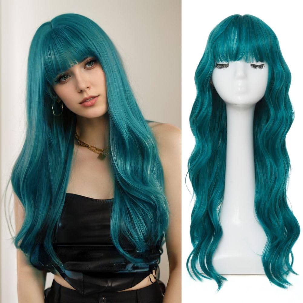 Blue Curly Long Wigs for Women with Bangs Navy Wavy Natural Hair Wig Synthetic Heat Resistant Fiber Cosplay Halloween Wig (Teal) — image 1