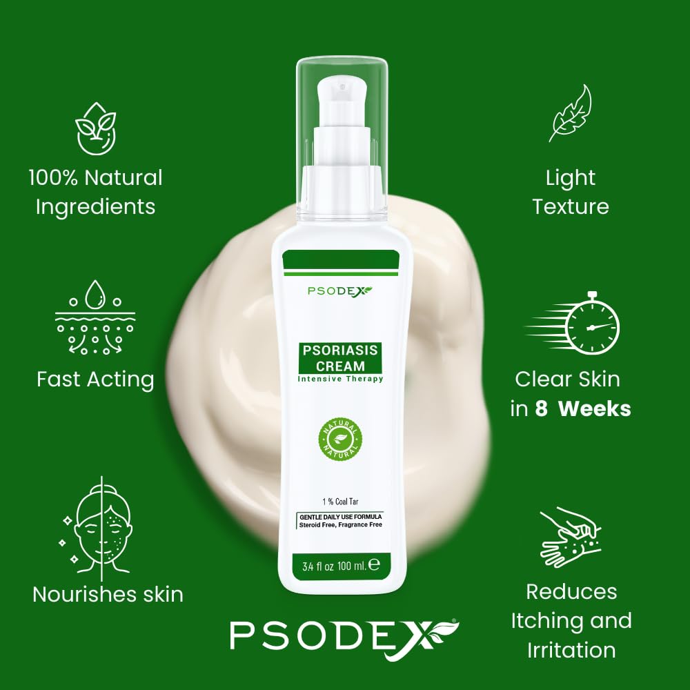 PSODEX Psoriasis Cream – 3.4fl oz Topical Psoriasis Treatment with Coal Tar, Salicylic Acid, Tea Tree Oil, Aloe Vera – All-Natural Ingredients – Soothing and Moisturizing Coal Tar Psoriasis Cream