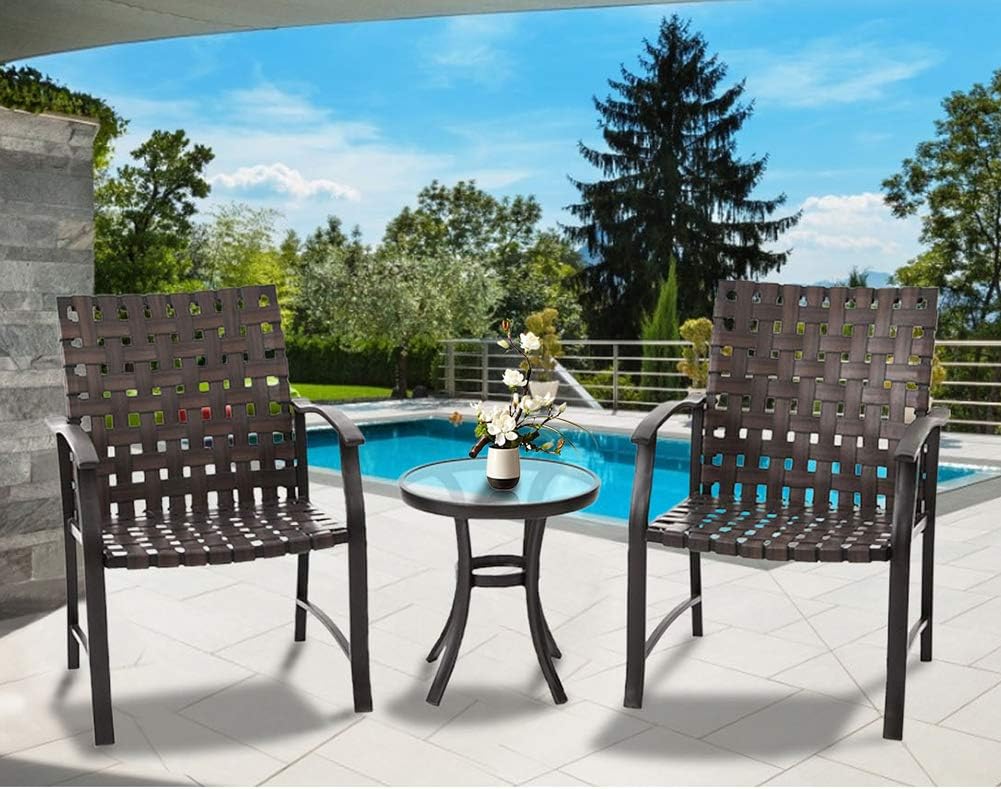 Suncrown Outdoor 3 Piece Patio Strap Strapping Chairs With Glass Top Side Coffee Table Set Bistro Sets