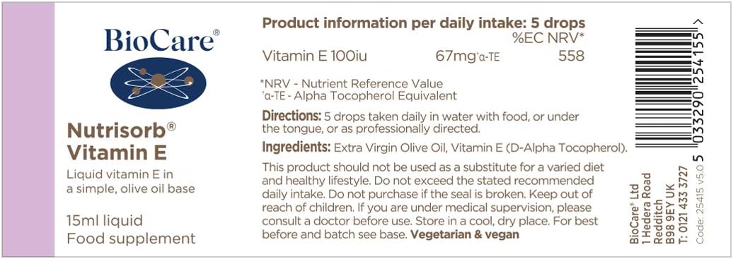 BioCare Nutrisorb Vitamin E - Protects Cells from Oxidative Stress - High Potency Liquid Form with 100iu of Vitamin E per Dose - 15ml - Image 4