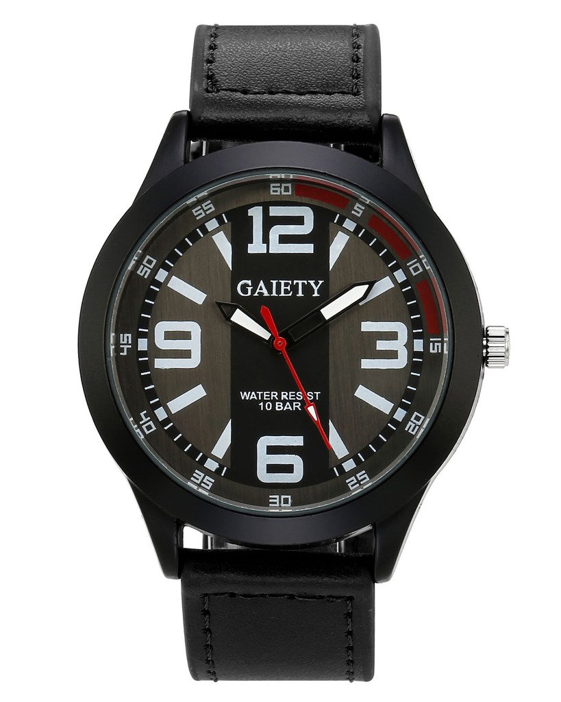 JSDDE Montre à Quartz Homme Bracelet PU Style Sportif Montre Bracelet Fil de Suture Montre Etanche Noir