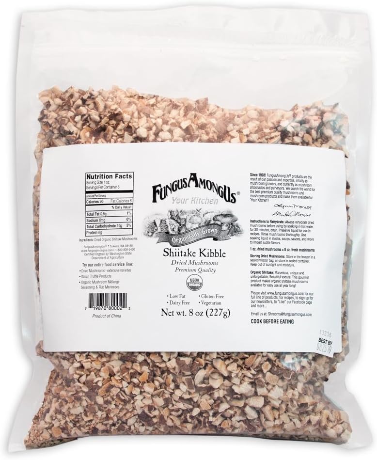 Organic Dried Shiitake Mushroom Kibble | 8-Ounce Resealable Bulk Bag | Easy to Rehydrate | Nutritious Kibbled Gourmet Mushrooms for Cooking | Perfect for Soups, Stews and Sauces | By FungusAmongUs