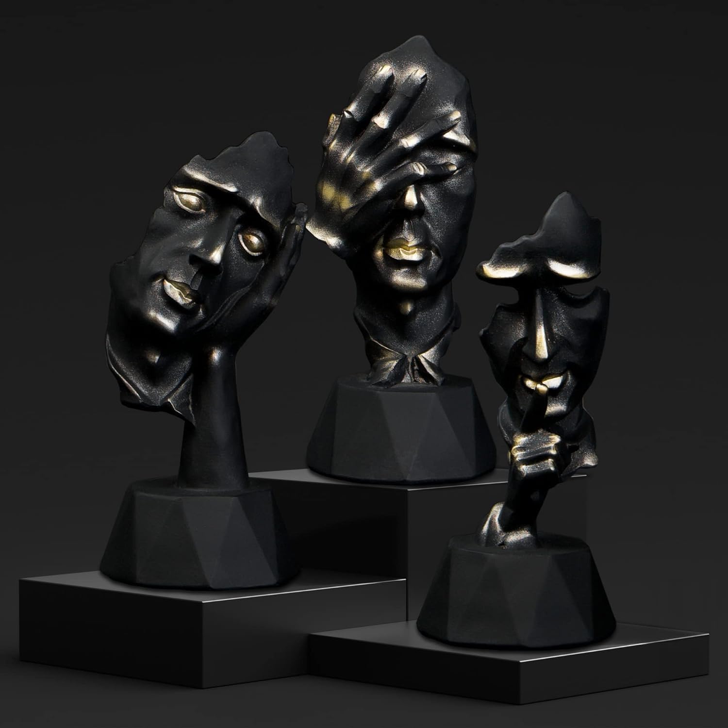 Perfekto24 Decorative Modern Sculpture Set in Black, Sculptures of Thinkers, Silence is Golden, See Nothing Hear Nothing Say Nothing (3 Pieces)