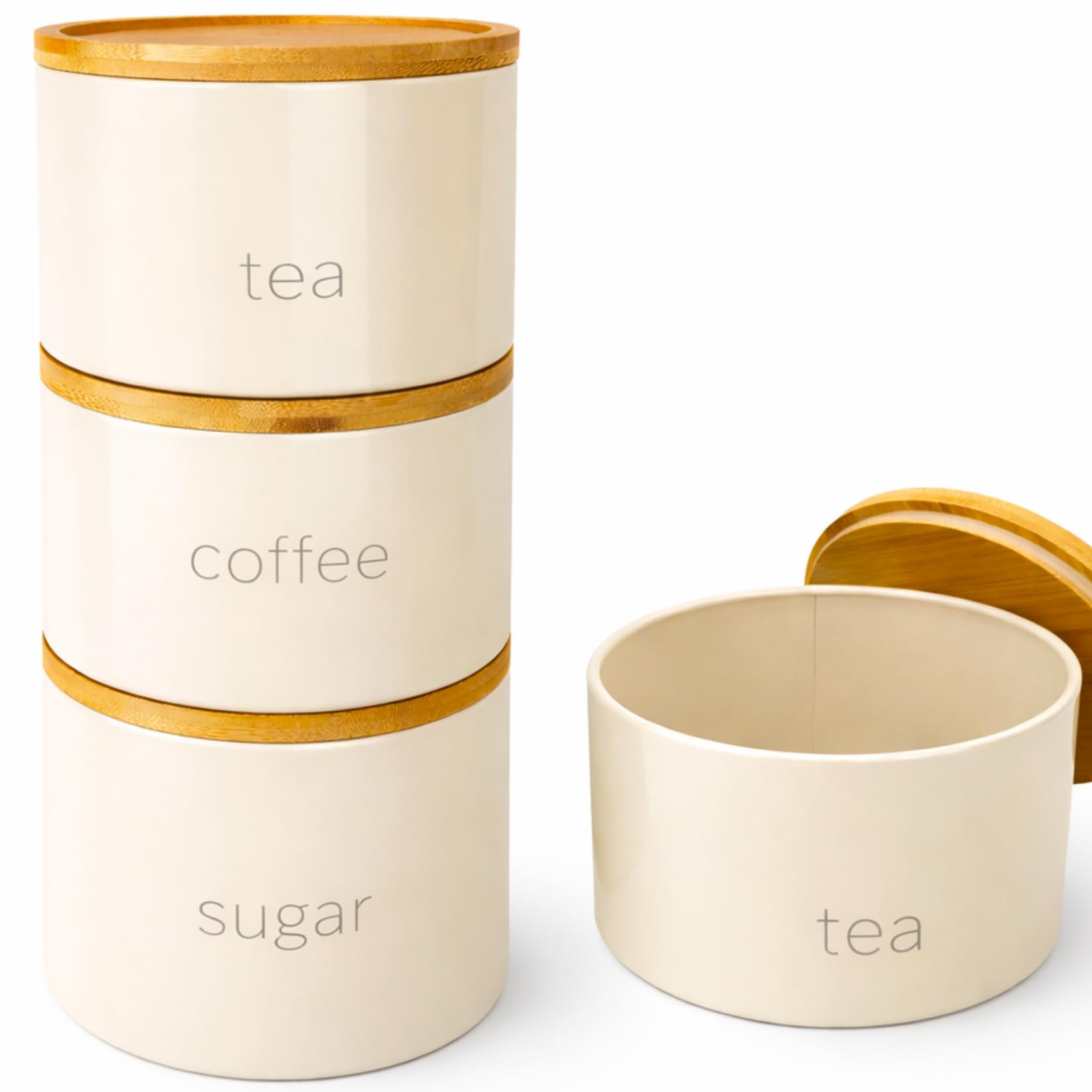 SAFRI 3 Pieces Jar with Wooden Lid Tea Coffee Sugar Canister Storage Container Bowl Pots Kitchen Storage Tins (Cream)