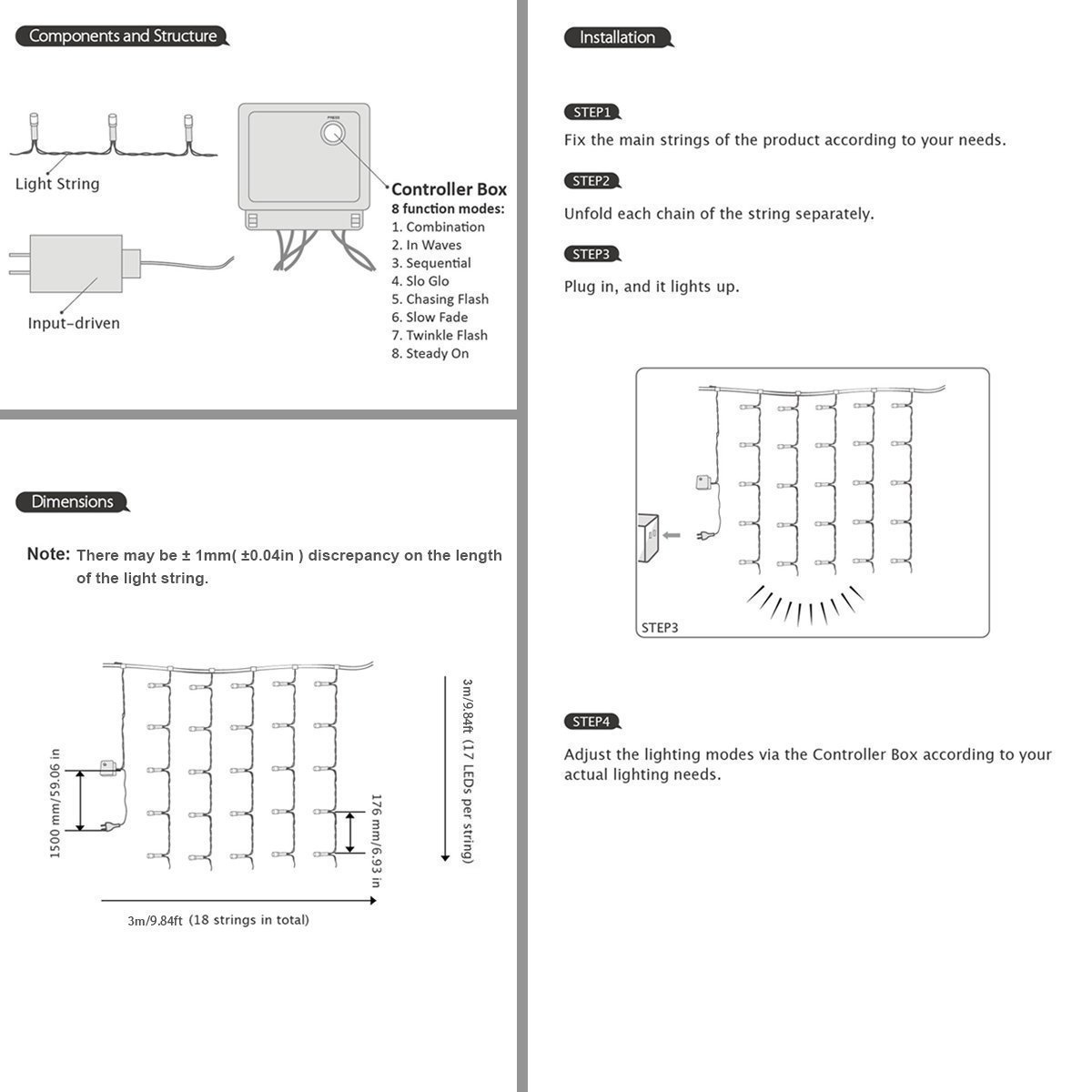 Bjour 300 LEDs Curtain Icicle Lights Christmas String Fairy Light Low-Voltage with 8 Lighting Modes RF Controller, Warm White