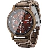 Emibele Wooden Watch for Men, Date Display Chronograph Quartz Wrist Watch, 3 Sub-dials Handmade Light Weight Luminous Watch - Walnut